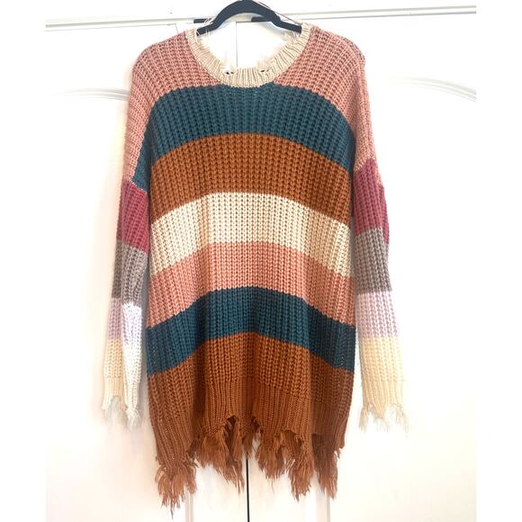 Miracle Multicolor Block Stripe Chunky Knit Fray Boho Sweater - Picture 6 of 7